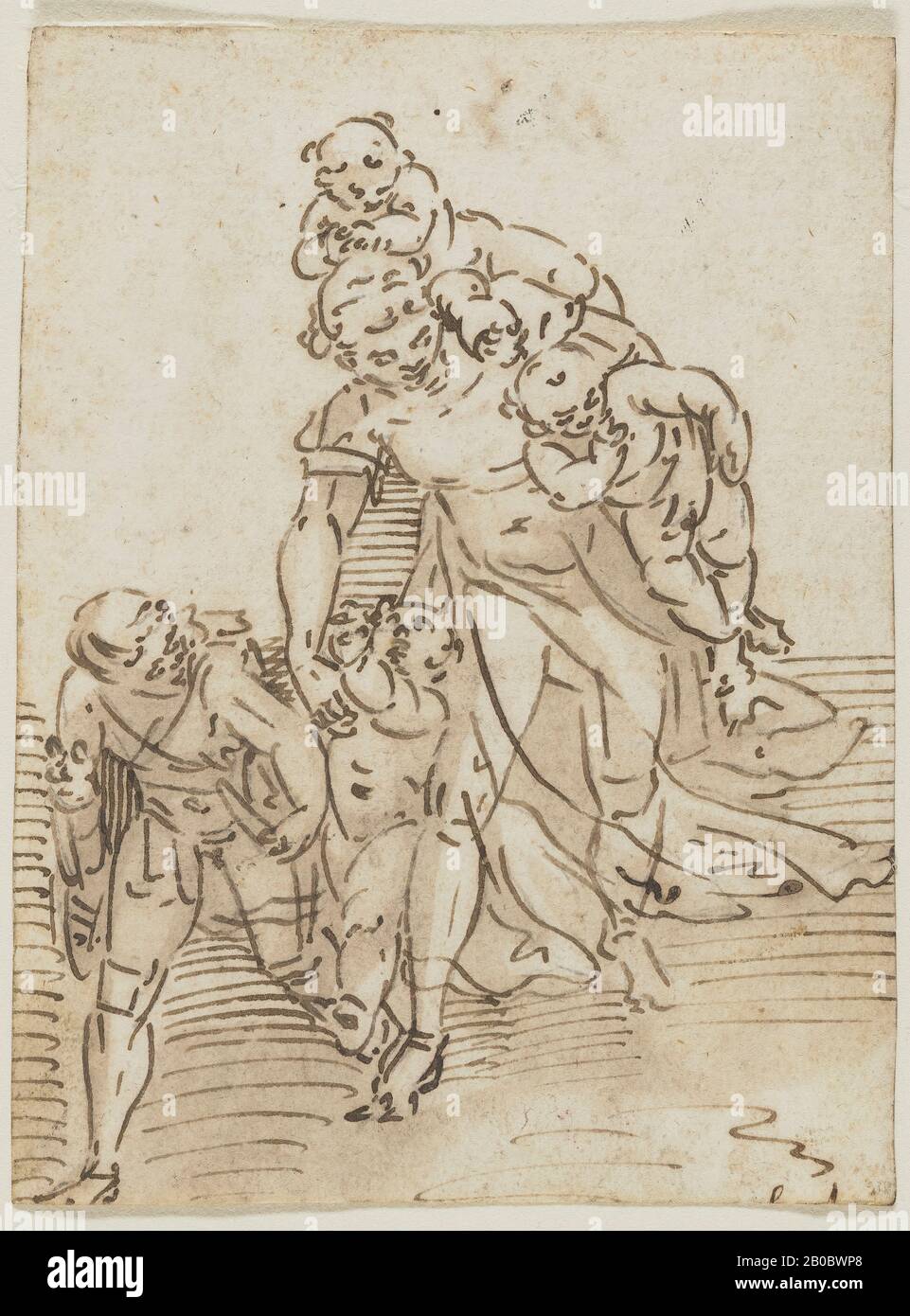 Luca Cambiaso, Charity, 1527-1585, Stift und braune Tinte über schwarzer Kreide auf Papier, 4 13 / 16 Zoll x 3 5/8 Zoll (12,3 cm x 9,2 cm) Stockfoto