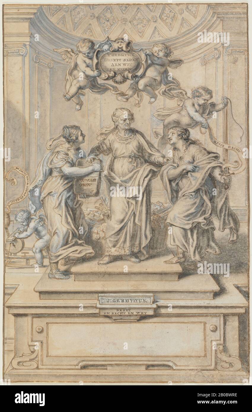 Abraham Jansz. Van Diepenbeeck, Design for a Title Page, 1640-1675, Stift und braune Tinte und schwarze Kreide auf zwei Blatt Papier, 13 1/2 Zoll x 8 13 / 16 Zoll. Diepenbeeck entwarf diese Titelseite für ein Kompendium der Gesetze und Vorschriften der Grafschaft Flanders, (34,3 cm x 22,4 cm.) Erstellt von Laurens van den Hane und mit dem Titel "Costumen van het Graefschap van Vlaenderen." Es wurde 1674 in Antwerpen und Gent mit der Titelseite herausgegeben, die von Cornelis van Caukercken (1626--1680) eingraviert wurde. Mit mehr als fünfzig Titelseiten und Buchillustrationen zu seinem Namen hat van Diepenbeeck auf die Bedürfnisse der TH zugeschnitten Stockfoto