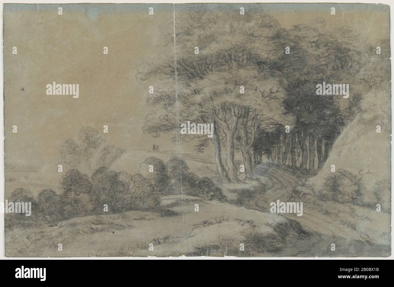 Unbekannter Künstler, Landschaft, 1600-1700, schwarze Kreide auf blauem Papier, 9 7/8 Zoll x 14 7/8 Zoll (25,08 cm x 37,8 cm.) Stockfoto