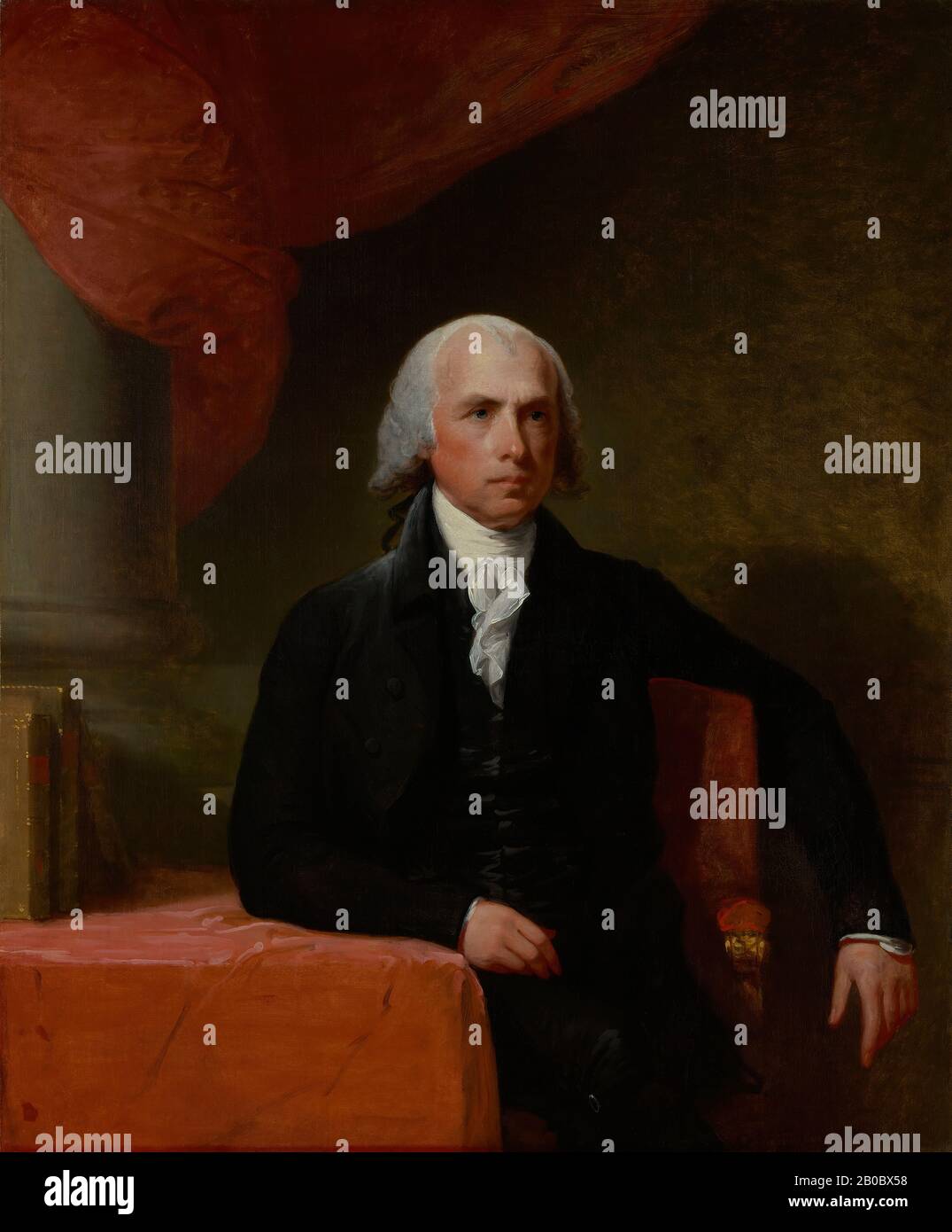 Gilbert Stuart, Porträt von James Madison, ca. 1805-57, Öl auf Leinwand, 48 1/2 Zoll x 39 3/4 Zoll (123,19 x 100,97 cm), begann Gilbert Stuart seine Porträts von Jefferson und Madison, während er in Washington, D.C. Lebte, Da er davon absah, Kopien zu erstellen, begann er mit dem Malen von Studien ihrer Gesichter, die er beibehielt. Danach nutzte er diese Lebensstudien, um Porträts in Öl zu malen. Stuart vollendete diese Hängebilder in Boston, nachdem er im Sommer 1805 auf Anregung des ehemaligen Senators von Massachusetts Jonathan Mason dorthin gezogen war, der versprach, ihn potenziellen Kunden vorzustellen. Stuarts Mot Stockfoto