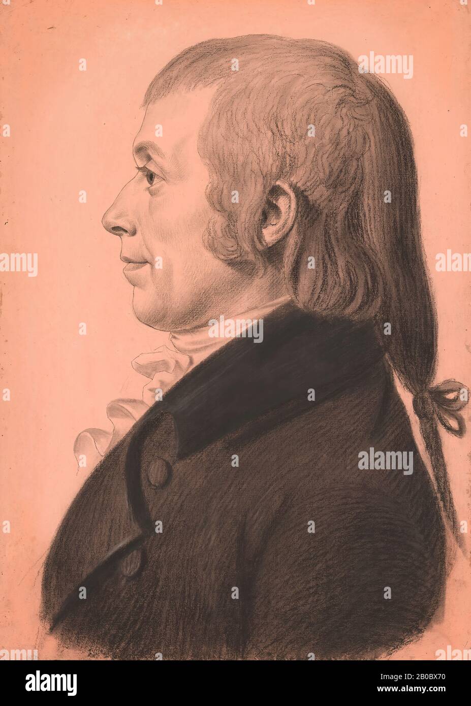 Charles Balthazar Julien Fevret de Saint-Mémin, Porträt des Honorable Silas Lee, Ca. 1799, Graphit, weiße Kreide und Holzkohle auf pinkfarbener Papiersorte, 21 1/2 Zoll x 15 Zoll (54,61 x 38,1 cm), wanderte Saint-Memin aus Paris aus, um der französischen Revolution zu entgehen. Als er in New York City war, wandte er sich professionell der Kunst zu, in der Hoffnung, dass sie ihn unterstützen könnte. Mit wenig Training legte er sich auf die "Physionotrace" fest, ein Prozess, bei dem das Lebensgrößenprofil eines Sitters mechanisch mit einem Bleistift verfolgt wurde. Mit großer Effizienz und großer Beobachtungskraft vollendete Saint-Memin ein Porträt, indem er die Funktionen ausfüllte Stockfoto