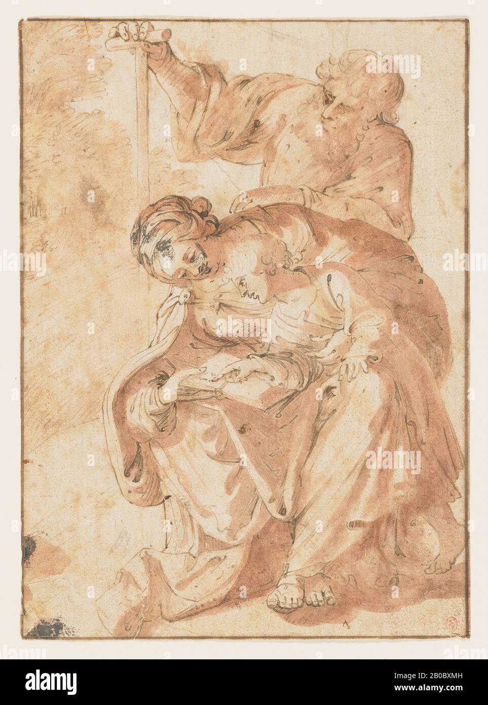 Francesco Maria Rondani, Die heilige Familie, 1490-1548, Stift und braune Tinte, rotbraune Wäsche auf Papier, 7 9/16 Zoll x 5 1/2 Zoll (19,2 cm x 13,9 cm) Stockfoto