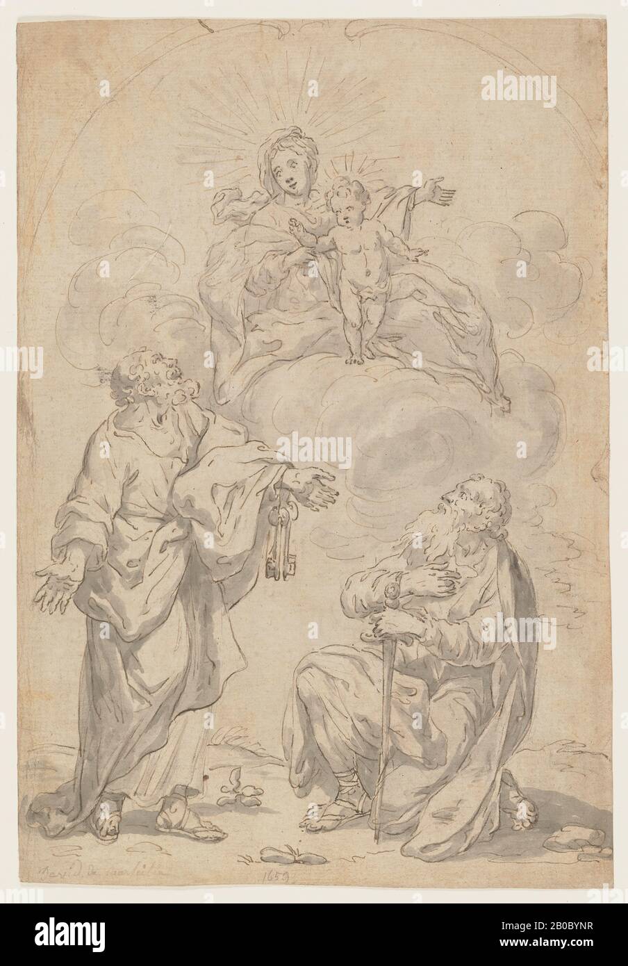 Joseph Antoine David, genannt David de Marseille, Die Jungfrau und das Kind, Die Den Heiligen Peter und Paul erschienen, 1659, Stift und schwarze und braune Tinte, graue Wäsche, über schwarze Kreide auf Papier, 12 11/16 Zoll x 8 5/8 Zoll. (32,23 cm x 21,91 cm) Stockfoto