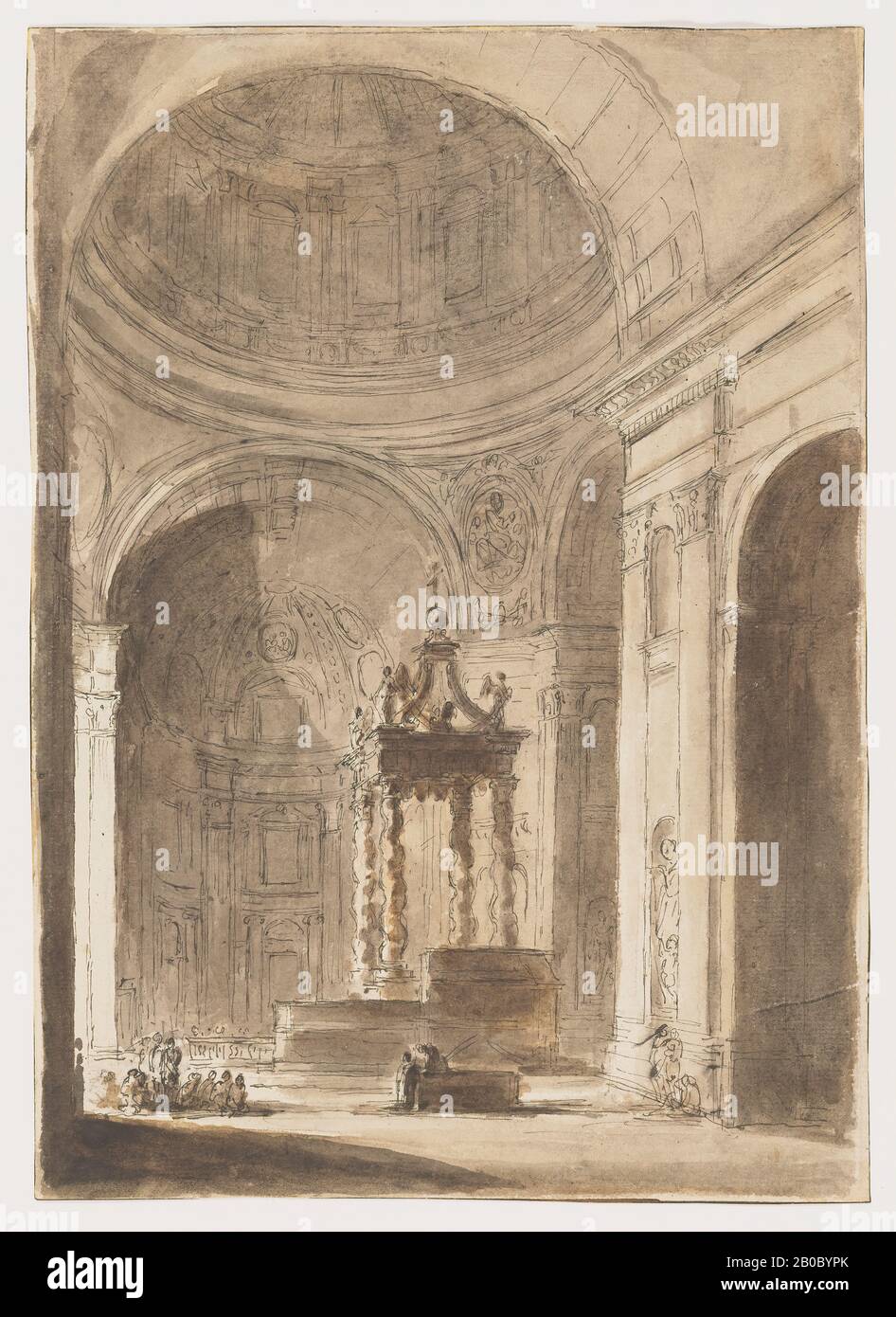 Louis Jean Desprez, Interior von Saint Peter's, Rom, 1781-1784, Stift und schwarze Tinte und braune Wäsche über schwarze Kreide auf Papier, 12 7/16 Zoll x 8 7/8 Zoll. (31,59 cm x 22,54 cm) verwandelt Sich Der Raum um Berninis Petersaltar in Rom in ein dramatisches Licht- und Schattenspektakel. Die Lichtquelle selbst ist nicht zu sehen, kann aber als großes Leuchtkreuz identifiziert werden, das in der Karwoche im Kirchenschiff von St. Peter aufgehängt wurde. Louis Desprez stellte das Kreuz in einer aufwendigeren Zeichnung, die sich heute im Louvre befindet, mit dem Licht von 600 Lampen dar. Desprez studierte Architektur in Par Stockfoto