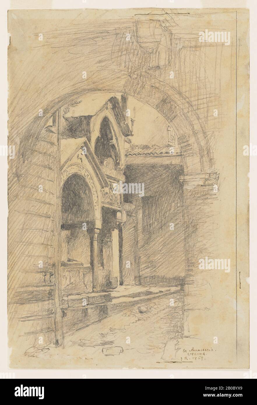 John Ruskin, St. Anastasie, Verona, 1869, Graphit auf grauem Taubenpapier, 10 5/16 Zoll x 7 Zoll (26,19 cm x 17,78 cm Stockfoto