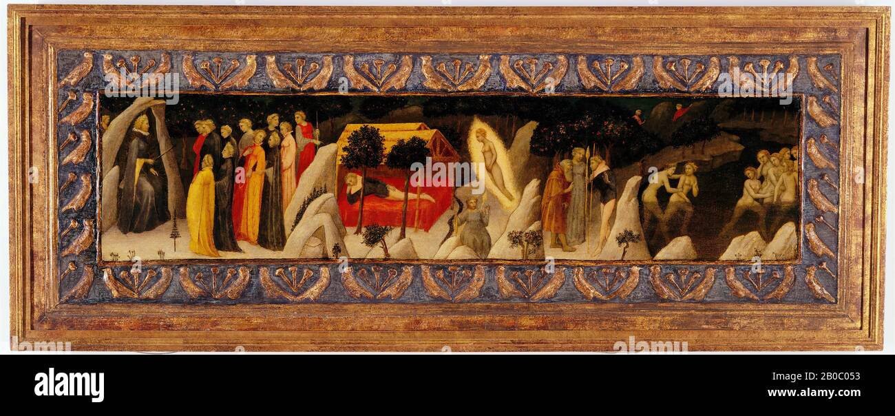FRA Angelico (früher dem Meister der Griggs Kreuzigung zugeschrieben), Szenen aus Boccaccios 'Il ninfale fiesolano', Ca. 1415-1420, Tempera auf Platte, 11 3/8 Zoll x 49 13 / 16 Zoll (28,9 cm x 126,5 cm), Bildete Diese Platte einst die Vorderseite einer Kassone, eine Truhe, die in einem florentinischen Haushalt zur Aufbewahrung feiner Kleidung verwendet wurde. Die Mitgift einer Frau umfasste traditionell solche Fälle. Diese Tafel zeigt Szenen aus Giovanni Boccaccios Gedicht Il Ninfale Fiesolano (Die Nymphen von Fiesole), geschrieben Ca. 1343. Das Gemälde erzählt die Geschichte der tragischen Liebe einer sterblichen Jugend (Africo) für eine der Nymphen (Mensola) Stockfoto