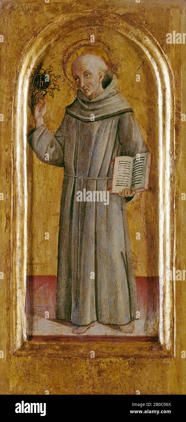 Pietro di Francesco degli Orioli, St. Bernardino von Siena, nach 1489, Tempera grassa (Öl) auf Platte, 15 Zoll x 7 1/8 Zoll Diese elegante Tafel mit dem franziskanischen Heiligen Bernardino (1380-1444) diente als Teil der Dekoration eines großen Altarbildes, auf dem sie von mehreren anderen Bildern von Heiligen begleitet worden wäre. Überzeugend dem sienesischen Maler Orioli aus dem späten 15. Jahrhundert zugeschrieben, zeigt er viele der charakteristischsten Merkmale der sienesischen Kunst in dieser Zeit und verschmilzt, wie es auch tut, die Anliegen der Renaissance mit linearer Perspektive und körperlicher Perspektive Stockfoto