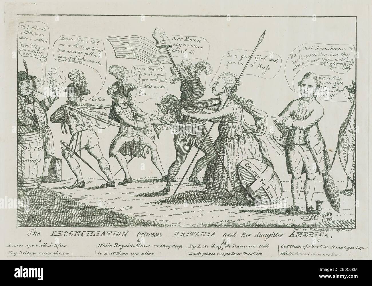 William Humphrey, The Reconciliation between Britannia and her Daughter America, 1782, Radierung auf Papier, 9 7/16 in. X 13 3/4 in. (24 cm x 35 cm), wird Amerika in diesem Druck als kaum bekleidete einheimische Prinzessin dargestellt, was auf die britische Tendenz hindeutet, die in den Kolonien lebenden als brutal und unzivilisiert zu betrachten. Großbritannien zeigt sich als elegant gekleidete Göttin, die eine leidenschaftliche Umarmung mit Amerika versucht. Die Figur Amerikas wird von Personifikationen Frankreichs und Spaniens weggerissen, die von einem Mann ermutigt werden, der Holland vertritt. Ein enger Handels-Verbündeter des amerikanischen Colos Stockfoto