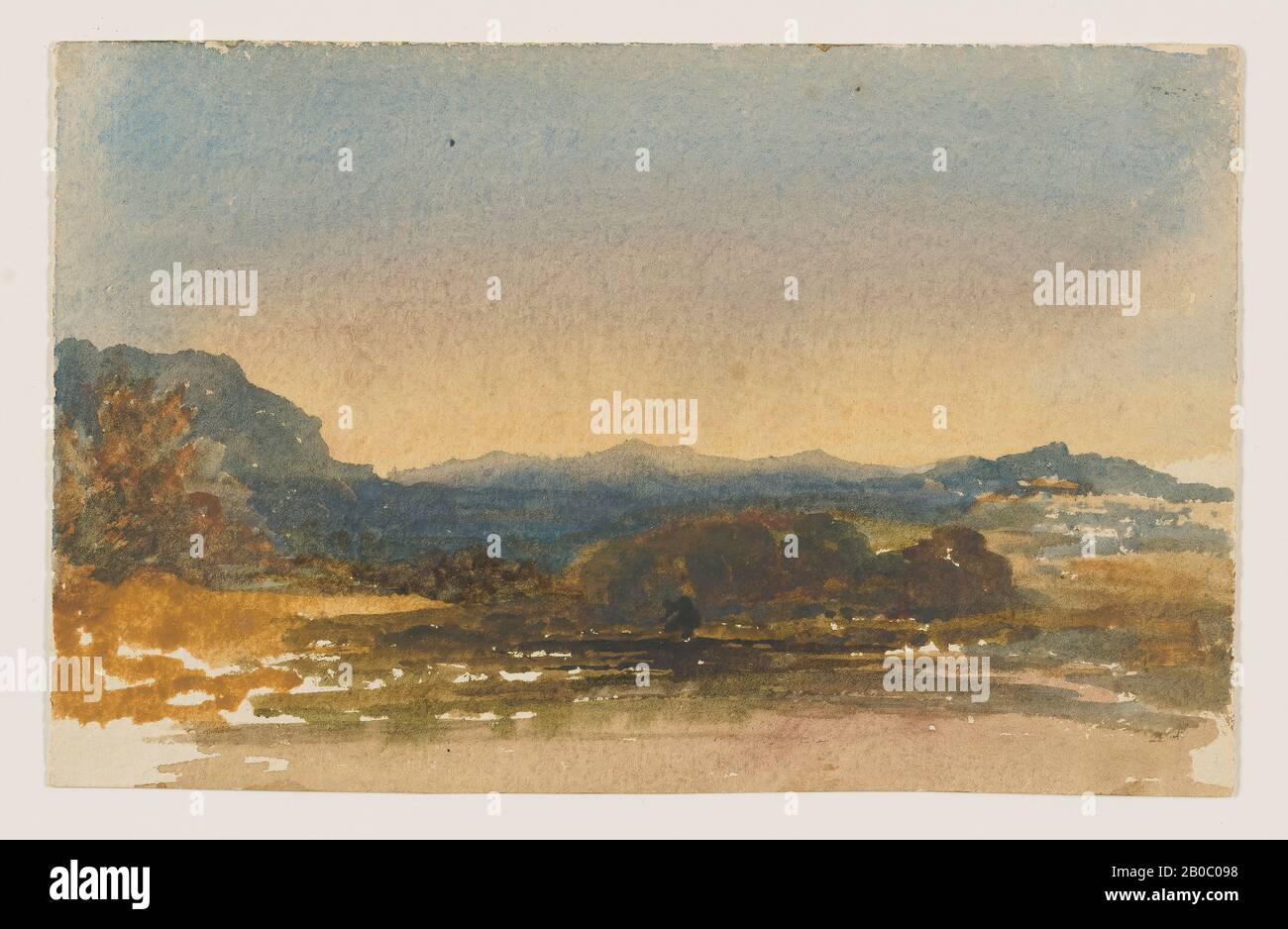John Frederick Kensett, Untitled (Landscape), 1850-1872, Aquarell auf nicht-weißem Taubenpapier, 4 3/8 Zoll x 7 Zoll John Kensett begann seine künstlerische Laufbahn als Graveur, nahm aber die Landschaftsmalerei auf, während er in den 1840er Jahren in Europa in einem großen Kreis amerikanischer Künstler studierte und reiste. ALS erfolgreicher Ölmaler entwickelte er seinen Stil zu einer großen Einfachheit mit abstrakten Qualitäten. Als meisterhafter Luminist machte er atmosphärische Effekte als reines Licht und Farbe. Durch das Ablegen von Waschungen erreichte er diese Effekte mit einer Monumentalität, die die kleinen s belauscht Stockfoto