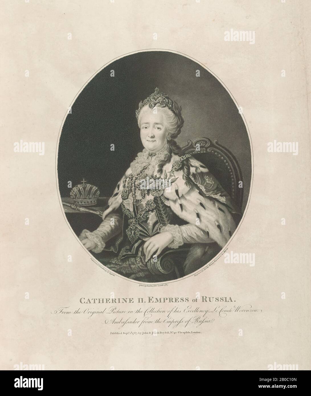 Caroline Watson, Porträt von Katharina II., Empress of Russia, 1787, Stippelgravur auf Papier, 9 1/2 Zoll x 8 Zoll (24,1 cm x 20,3 cm) Stockfoto