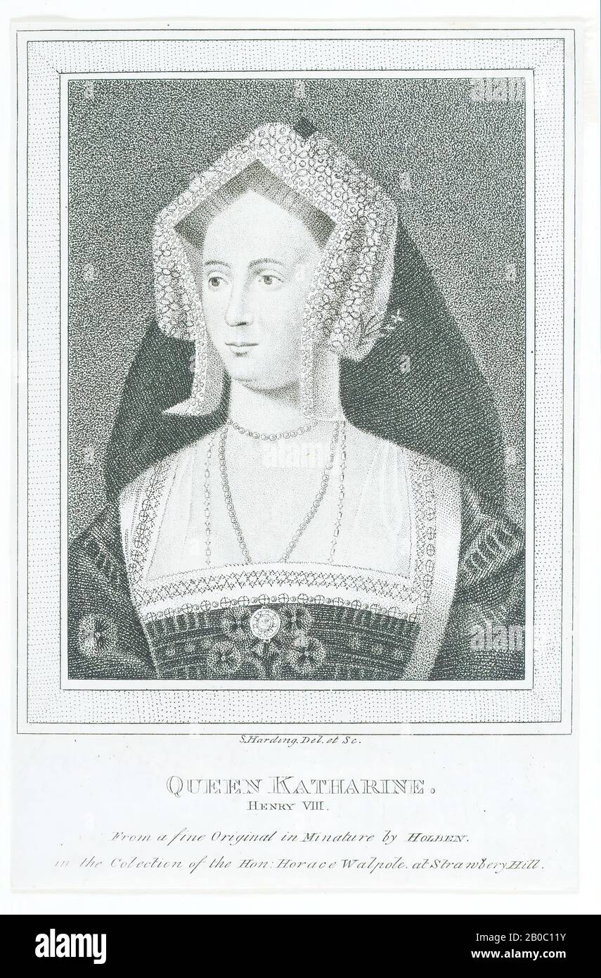 Sylvester Harding, Porträt der Katharina von Aragon, n.d., Gravur auf Papier, 6 Zoll x 3 15/16 Zoll (15,2 cm x 10 cm.) Stockfoto