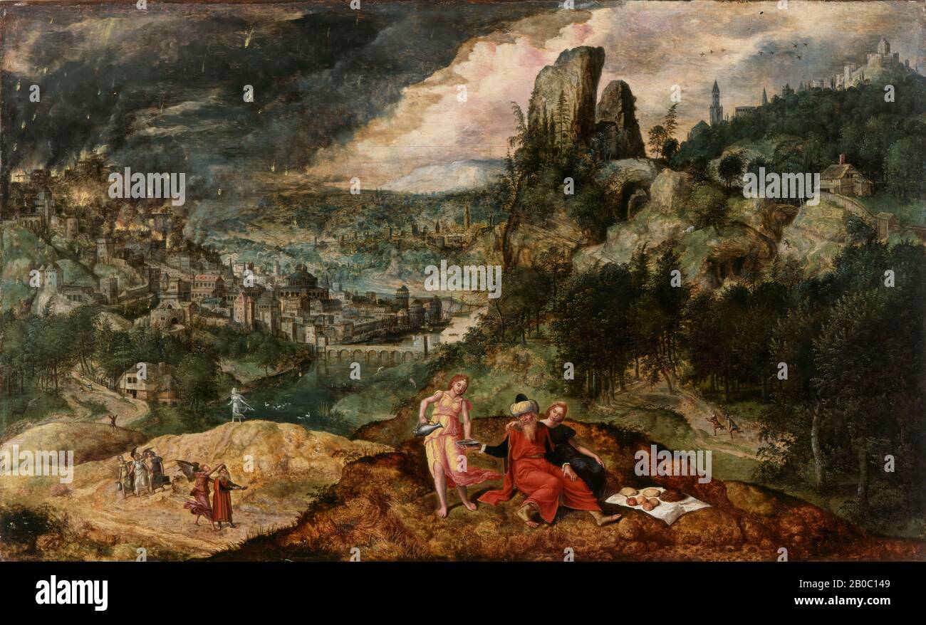 Meister der Bergpredigt von Lille, Der brennende von Sodom, Ca. 1550-1575, Öl auf Platte, 17 1/2 Zoll x 28 1/8 Zoll (44,5 cm x 71,5 cm), kombiniert im Brenning von Sodom eine Linie mit hohem Horizont mit einem erhöhten Vordergrund, um ein atemberaubendes Panorama zu enthüllen - eine Komposition, die von flämischen Malern der Zeit bevorzugt wird. Farbe hilft bei der Definition der Tiefe, mit einem rotbraunen Farbton im Vordergrund, gefolgt von grünen und blauen Farbtönen in der Mitte und im Hintergrund. Im Buch Genesis wurden die Städte Sodom und Gomorra zerstört, als Gott ihre Einwohner für ihren lasziven Lebensstil verurteilte. Engel wurden in die Stadt geschickt Stockfoto