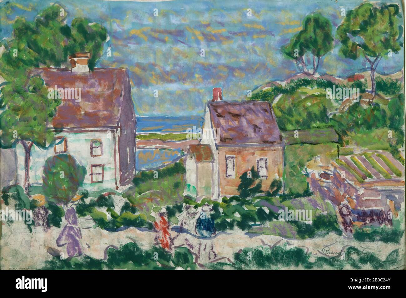 Maurice Brazil Prendergast, Maine Coastal Village (recto), ca. 1916-1918, Gouache und Pastell über Graphit auf weißem Taubpapier, 12 Zoll x 17 3/4 Zoll Maurice Prendergast (30,48 x 45,09 cm) gehörte zu den ersten Amerikanern, die mit einer tiefgehenden Wertschätzung von Paul Cezanne (1832-1906) und Fauvism aus Frankreich zurückkamen und einen führenden Beitrag zum Aufstieg der Moderne leistete. Am bekanntesten für seine Darstellungen von Freizeitaktivitäten in sommerlichen Badeorten, war Prendergast einer von vielen Künstlern, die an der Küste Neuenglands Inspiration fanden. Er grenzte sich jedoch von seinen Altersgenossen ab, viele o Stockfoto