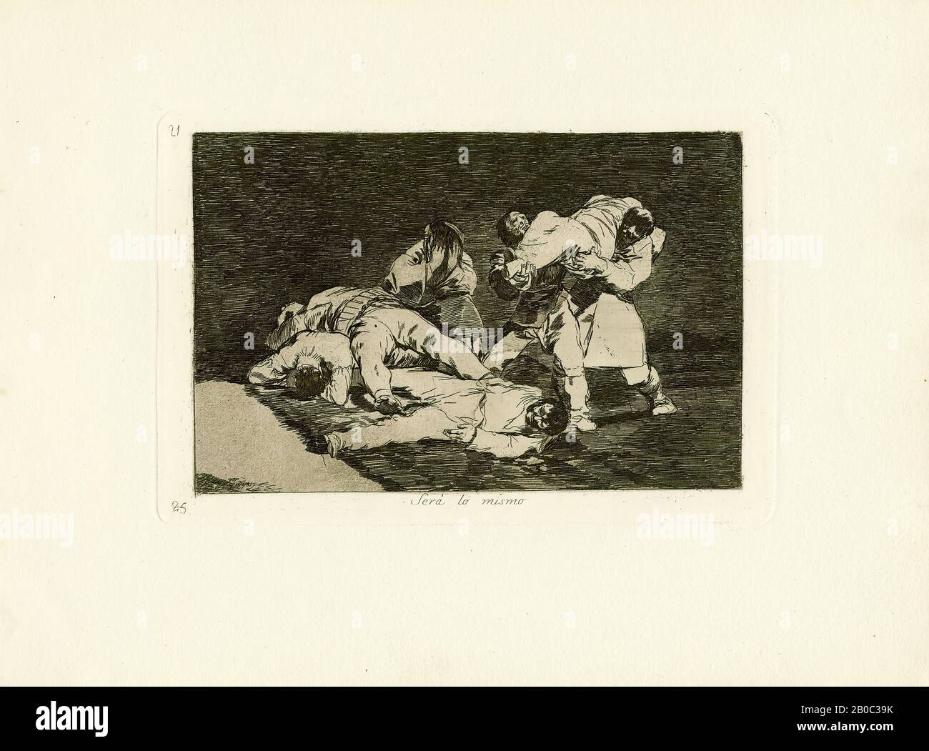 Francisco José, y Lucientes de Goya, Será lo mismo (Es wird das gleiche sein.), ca. 1815, Ätzung mit Aquatint auf Papier, 9 3/4 Zoll x 13 9/16 Zoll Será lo mismo (24,77 x 34,45 cm) ist eine Platte aus Goyas späteren Kriegskatastrophen, die während der Peninsula-Kriege (1808-14) produziert wurde, die Spanien während der napoleonischen Herrschaft Europas plagten. Der Druck enthüllt eine schreckliche Szene, die Goya in diesen Jahren wiederholt erlebt haben mag - Trauernde, die Leichen tragen - obwohl der Mangel an spezifischer Symbolik oder historischem Kontext ein universelleres Thema nahelegt. Goyas einzigartige Fähigkeit, solch zeitloses Mittel zu destillieren Stockfoto