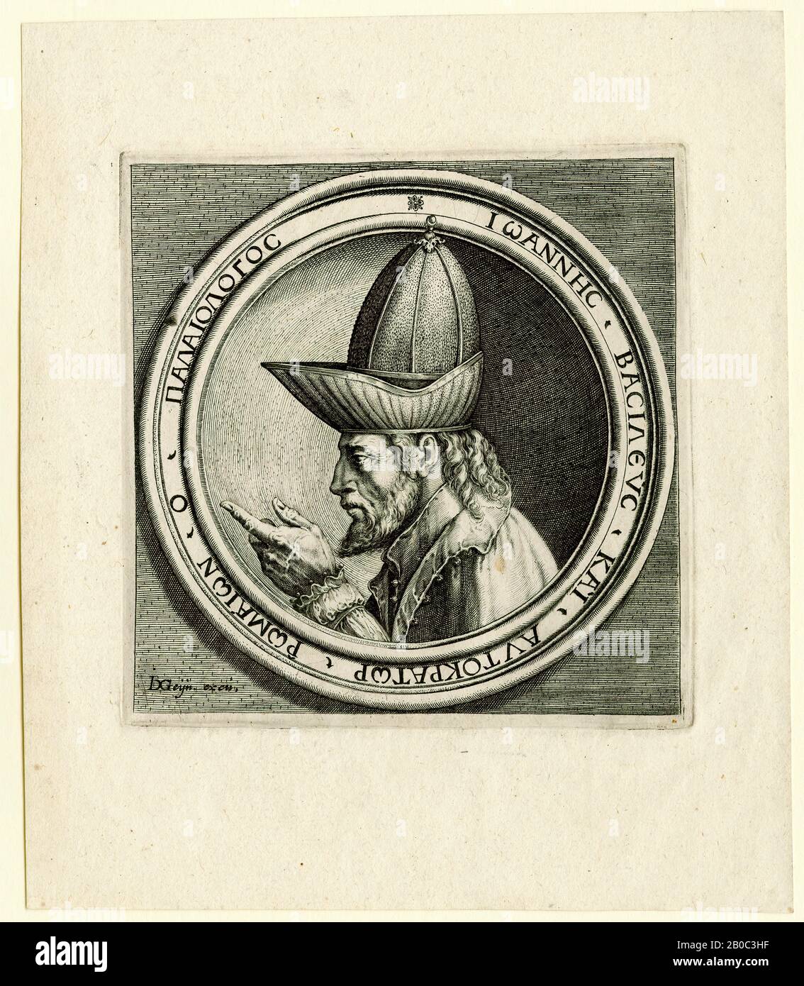 Jacques de Gheyn, Johannes VIII. Paleologus (Johannes VII. Paleologus), CA. 1595, Gravur auf cremefarbenes Papier, 6 3/4 Zoll x 5 7/8 Zoll (17,15 x 14,92 cm) gehörte der niederländische Maler und Graveur Jacques de Gheyn zu einer Gruppe von Künstlern, die das übertriebene und übermäßig künstliche formale Vokabular des niederländischen Mannerismus überwand, indem er einen naturkundlichen Stil auf der Grundlage der Beobachtung übernahm. De Gheyns Gravuren von Porträtmedaillen, wie dieses Beispiel von Paleologus, zeigen sein Interesse am Naturalismus und zeigen seine Fähigkeit, die Proportionen der Gesichtszüge seiner Sitter genau zu reproduzieren. De Gheyns en Stockfoto