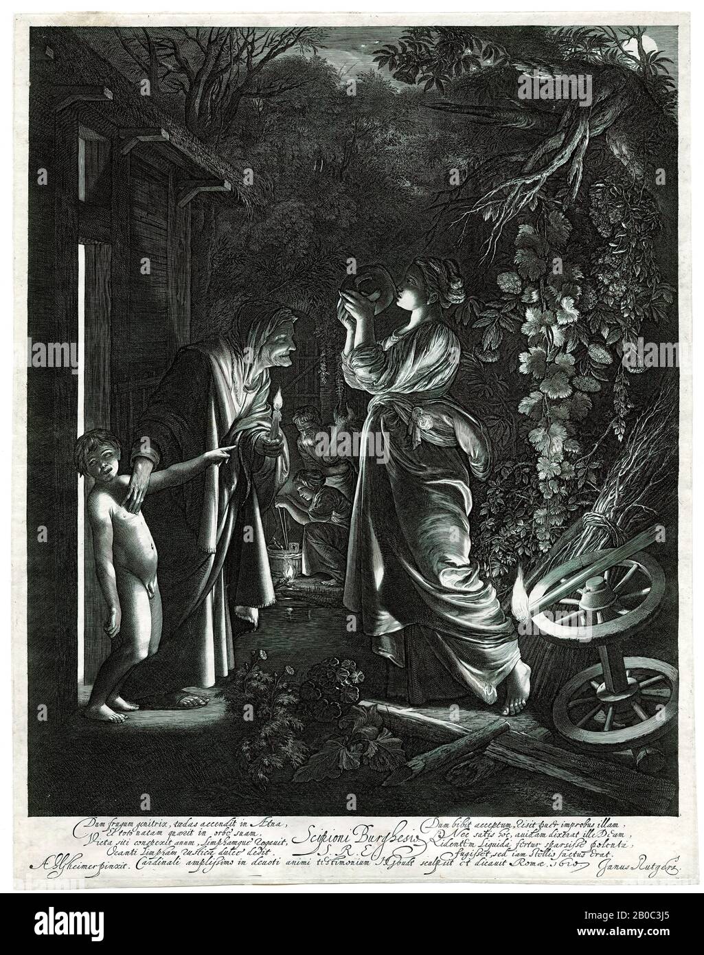 Hendrik Goudt, Der Mocking von Ceres, nach Adam Elsheimer, 1610, Gravur auf cremefarbenes Papier, 12 5/8 Zoll x 9 7/8 Zoll. (32,07 cm x 25,08 cm Stockfoto