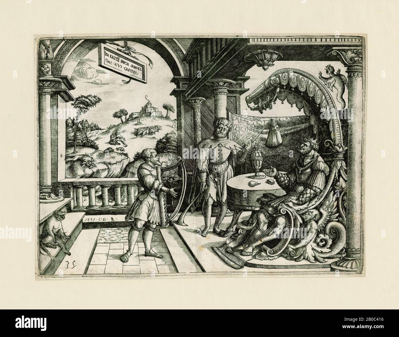 Christoph Bocksdorfer, David Spielte die Harfe vor Saul, 1531, Radierung auf cremefarbenes Papier, 8 1/2 Zoll x 11 7/16 Zoll. (21,59 cm x 29,05 cm Stockfoto