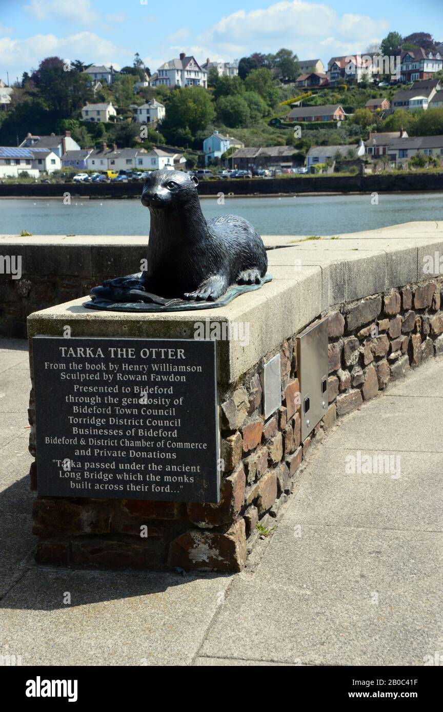 Bronzestatue von Tarka der Otter Liegt in Bideford (Kingsley's Little White Town) auf dem Tarka Trail/South West Coast Path, North Devon. England. Stockfoto