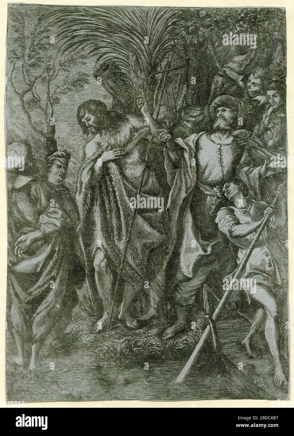 Battistello Caracciolo, der heilige Johannes Predigt in der Wildnis (La predica di San Giovanni Battista nel deserto), nach Ludovico Carracci, n.d., in brauner Tinte auf blauem Papier gedruckt, 9 5/8 Zoll x 6 7/8 Zoll. (24,45 x 17,46 cm Stockfoto