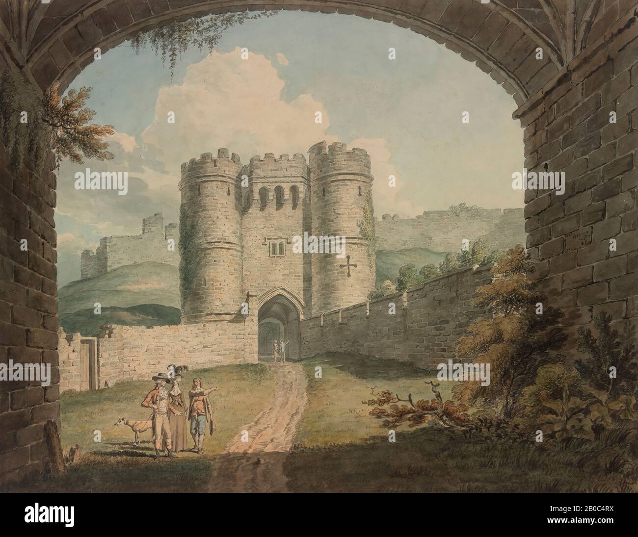 Edward Dayes, Carisbrooke Castle, Isle of Wight, im Jahre 808, Aquarell und Tinte über Bleistift auf Papier, 12 1/2x 16 Zoll. (31,75 x 40,64 cm), heute ist das imposante Tor eine der fotografiertesten Ansichten von Carisbrooke Castle. Seit mehr als zwei Jahrhunderten kommen Touristen zu dieser Festung auf einem Hügel auf der Insel Wight. Römer, Normannen und mächtige mittelalterliche Grundbesitzer etablierten und verteidigten sich hier. In der elisabethanischen Zeit residierten Mitglieder der königlichen Familie in Bequemlichkeit in der Burg. Für Charles I. wurde es jedoch zu einem Gefängnis. Er wurde in Carisbrooke von 1647 bis 1650 befor eingekerkert Stockfoto