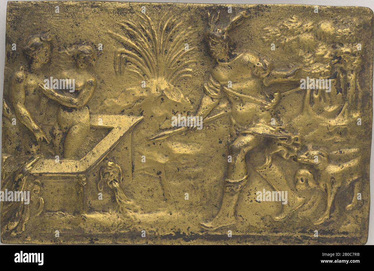 Unbekannte Künstlerin, Diana und Actaeon, n.d., Bronze, Vergoldung, 2 13 / 16 Zoll x 4 3/8 Zoll (7,2 cm x 11,1 cm) Stockfoto
