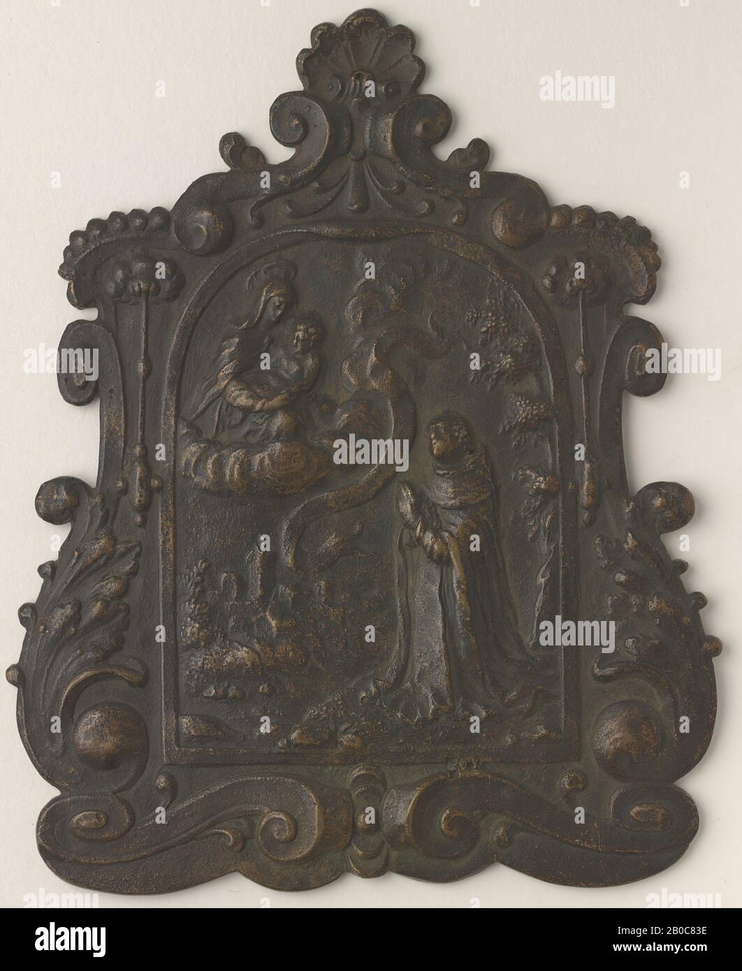 Unbekannter Künstler, heilige Anbetung der Jungfrau und der Kinder-Plaquette, 1600-1700, Bronze, 6 1/8 Zoll. (15,5 cm.) Stockfoto