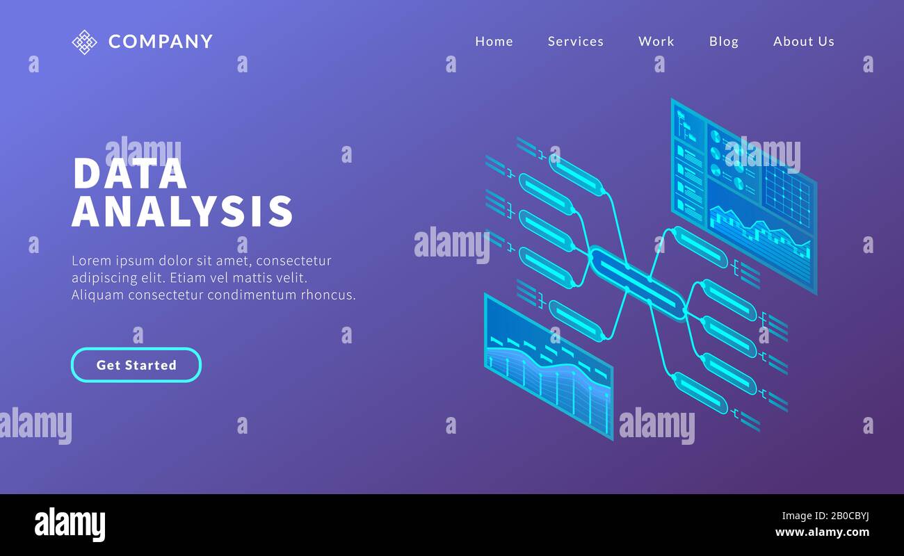 Datenanalyse-Konzept mit verschiedenen Graphen- und Chart-Big-Data-Modellen für Website-Template oder Landing-Homepage-Vektor Stockfoto