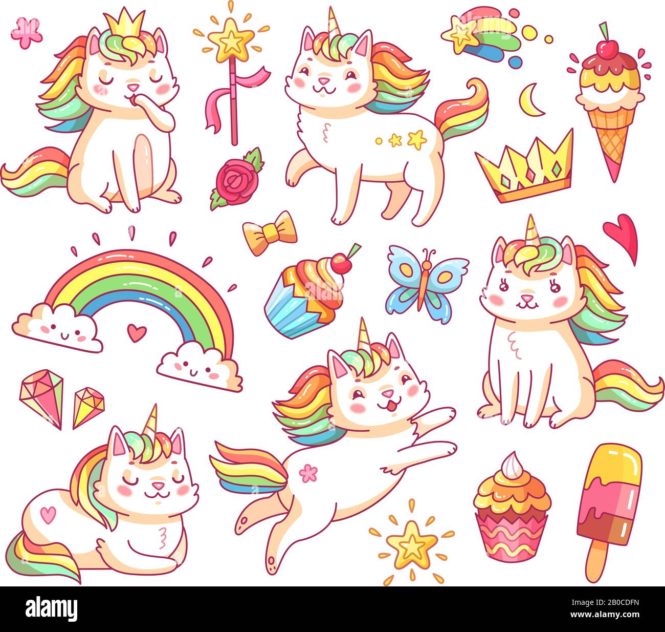 Magische Einhorn-Katzen in Krone, süße Cupcakes, Eis, Regenbogen und Wolken. Cartoon Fee lächelnde Katze, Kitty mit Farb-Schwanz-Vektor-Set Stock Vektor