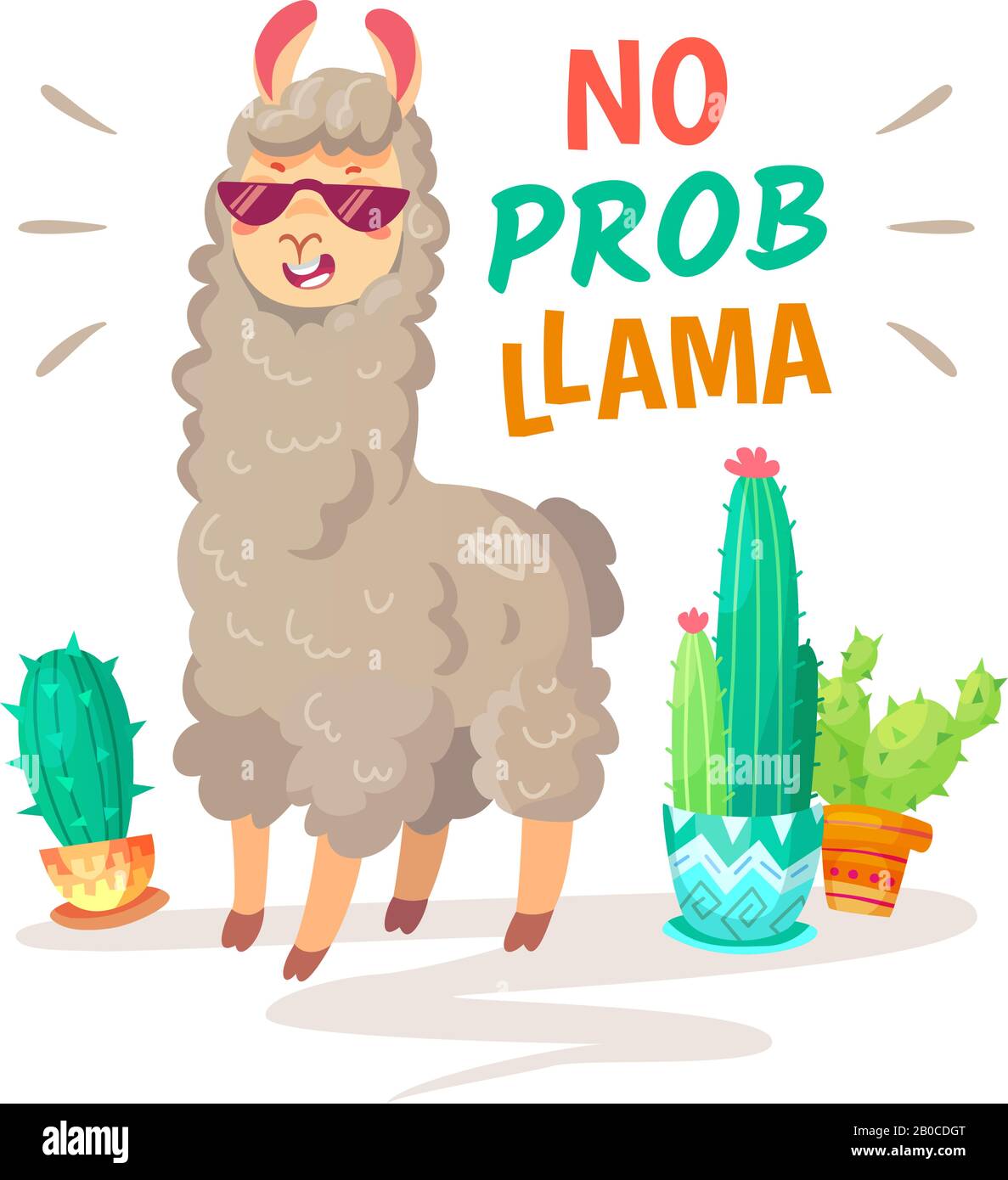 Cooles Alpaca-Schriftzug mit "No Prob Llama". Lustige Tiere der Tierwelt, zitiert lama das Vektorkonzept Stock Vektor