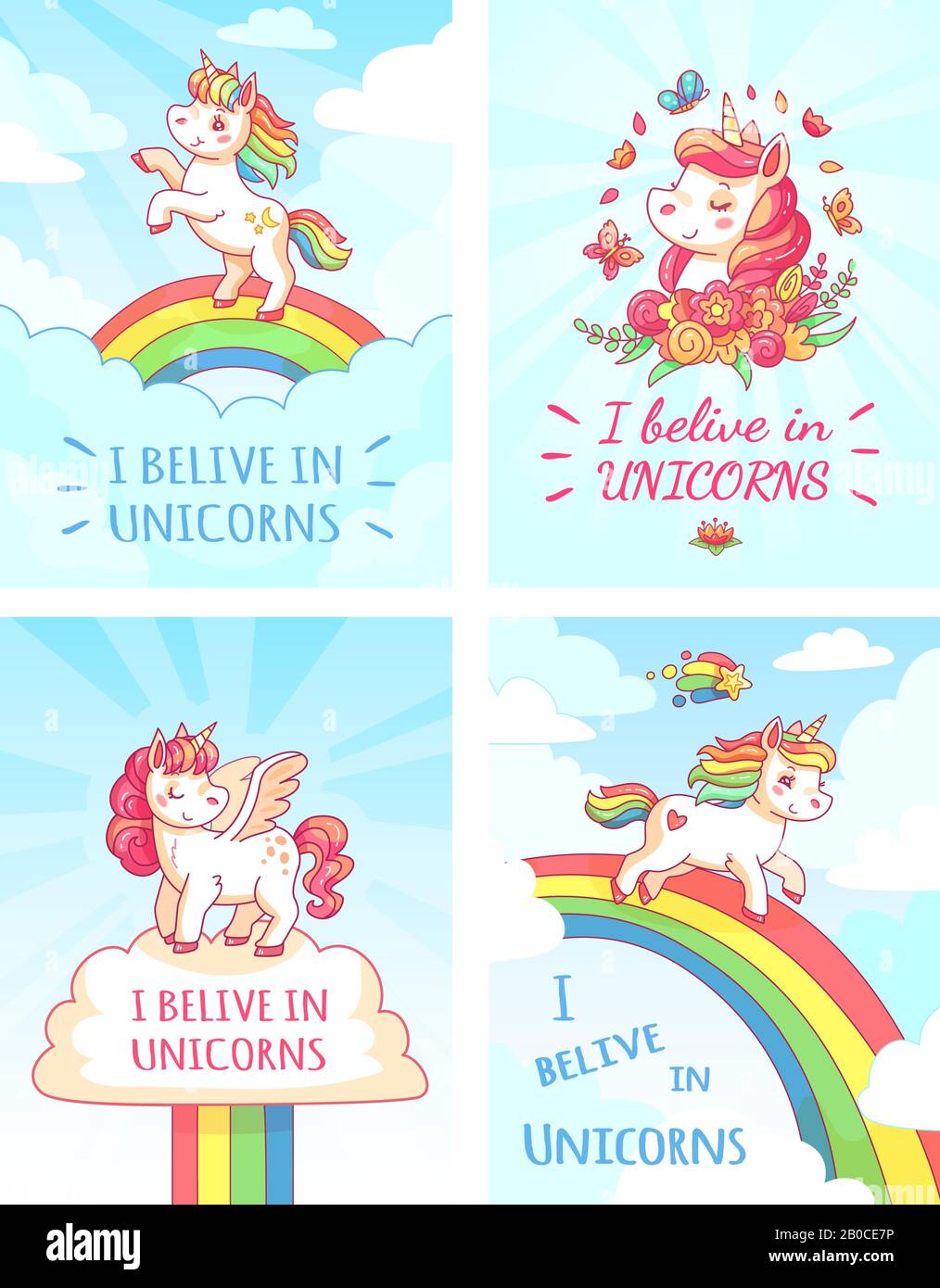 Grußkarte Schreibdesign für Mädchen mit Slogan Ich glaube an Einhörner. Farbenfroher Einhorn-Poster-Druckvektor für Regenbogen Stock Vektor