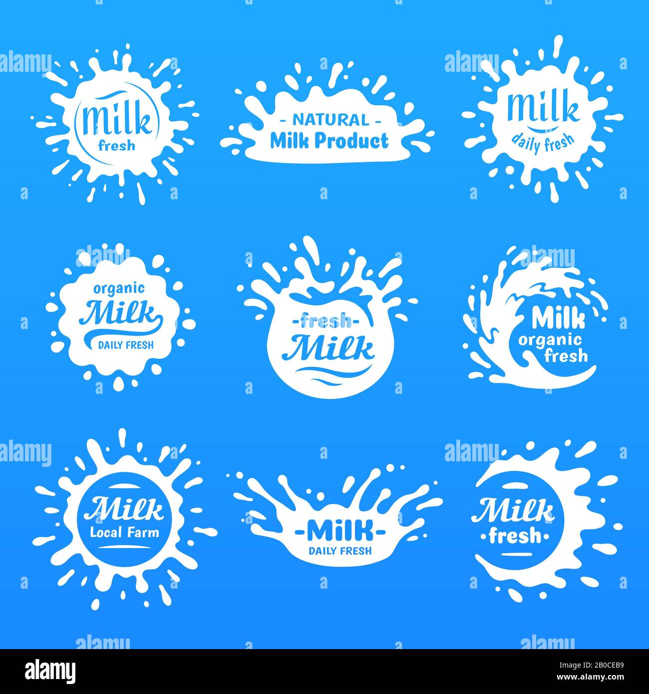 Joghurt spritzt, milchige Makula oder milchige Getränkekanne. Naturjoghurt Sahne oder Milch Blots Silhouette Vektor Cartoon-Form Set Stock Vektor