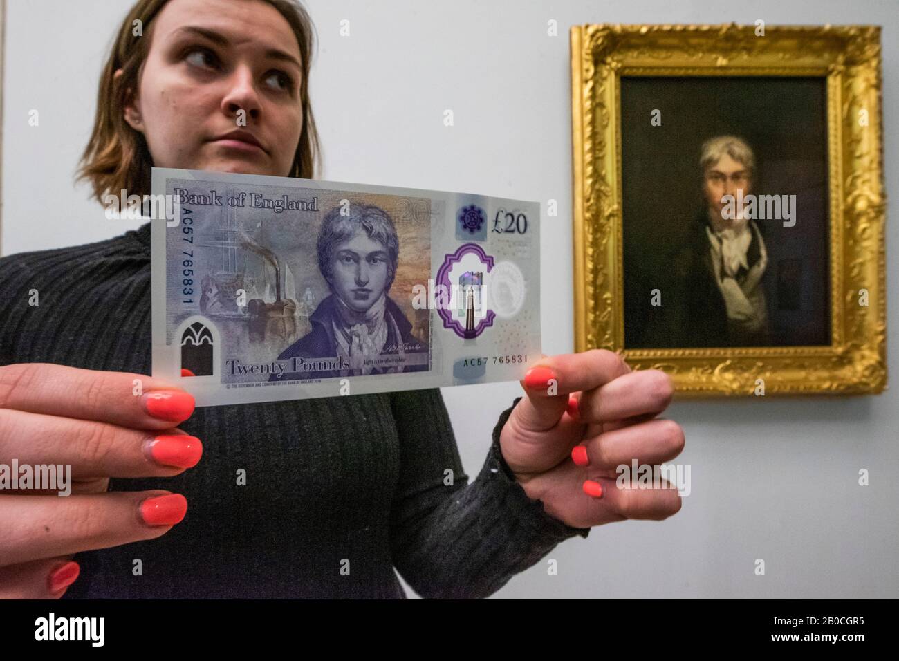 London, Großbritannien. Februar 2020. Gouverneur der Bank of England Mark Carney, Direktor von Tate Britain Alex Farquharson, startet die neue 20 £-Note mit dem Künstler JMW Turner neben seinem Selbstporträt (auf der Note verwendet) bei Tate Britain. Die neue Banknote wird am 20. Februar in Umlauf gebracht. Credit: Guy Bell/Alamy Live News Stockfoto