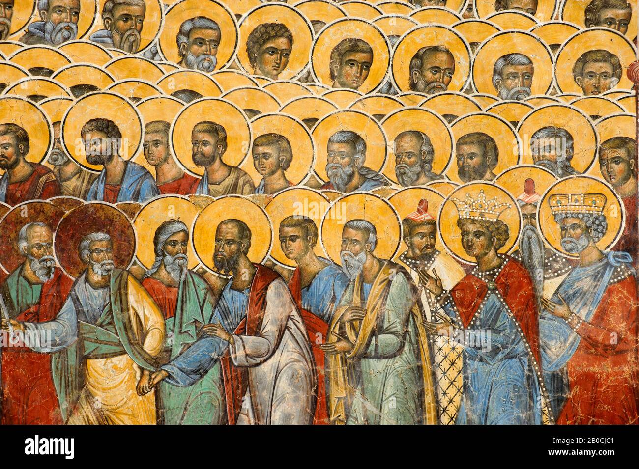 RUMÄNIEN, IN DER NÄHE VON SUCEAVA, KLOSTER VORONET (1488), DAS LETZTE URTEIL, WESTLICHE WANDFRESKO, DETAIL Stockfoto