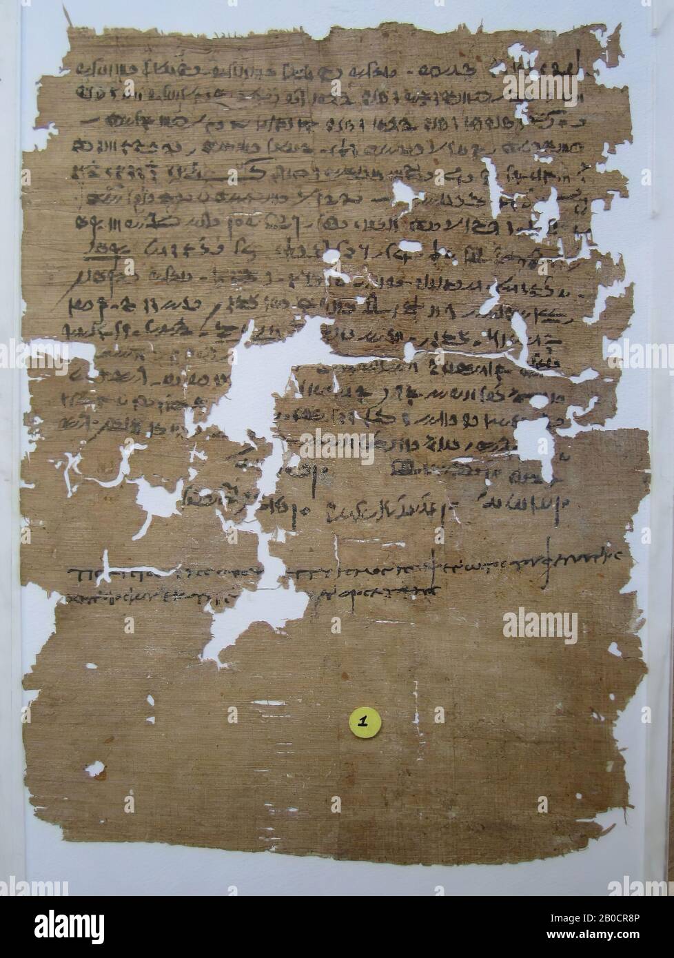 Haftbefehl, Fragment, Fragment Papyrus, mehr oder weniger rechteckig (Hochformat) mit allen Seiten authentisch, aber beschädigt. Das Fragment trägt den Rest einer Säule demotisch in schwarzer Tinte von 17 Linien vorne. Oben, rechts und links sind schmale leere Ränder, darunter befindet sich eine zweizeilige griechische Beschriftung, gefolgt von einem großen Rand. Der Text enthält einen Haftbefehl, Der Papyrus ist auf weißem Karton zwischen Plexiglas angebracht, die Fragmente F 2012 auf der Rückseite der Pappe Stockfoto