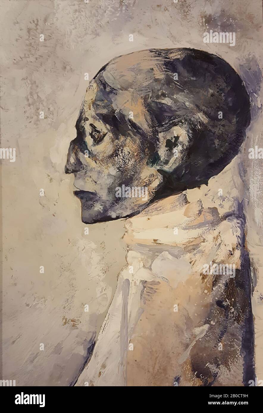 Ramses III., Gemälde des Künstlers Riky Schellart-van Deursen (1942-2013), Portraitformat, die die Königsmumie von Ramses III. Im ägyptischen Museum in Kairo darstellt (CG 61083). Abgebildet ist der Oberkörper und das Profil von rechts, die unter einem überwiegend weißen Mantel mit dem unbedeckten Kopf liegen, wobei der letztere in dunklen Farbtönen und vor dunklem Hintergrund gemalt ist. Die Farbe ist auf der Hardtbrettwand eingefasst und in einem leeren Holzrahmen gerahmt. Hinten mit Bleistift markiert: Riky Schellart-vDeursen Stockfoto