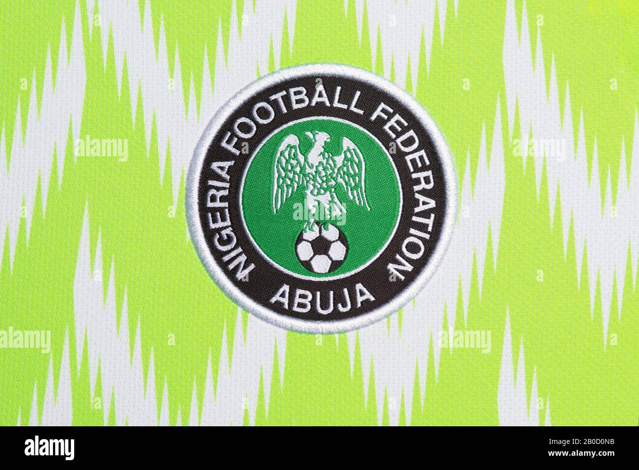 Nahaufnahme der nigerianischen Nationalmannschaft, Nike Fußballtrikot. FIFA-Weltmeisterschaft, Russland 2018. Stockfoto