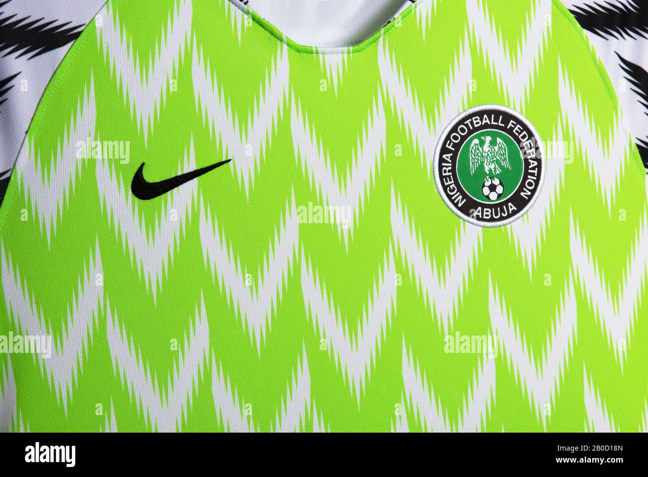 Nahaufnahme der nigerianischen Nationalmannschaft, Nike Fußballtrikot. FIFA-Weltmeisterschaft, Russland 2018. Stockfoto