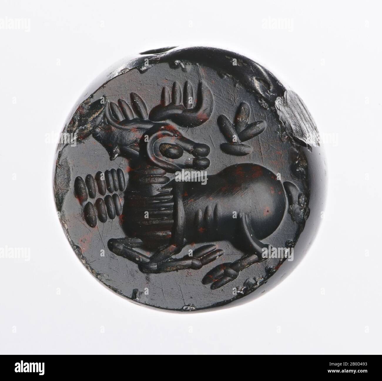 Nach rechts liegend, nach links gedrehter Kopf, Stempelsiegel, Jaspis, Farbe: Rot, Form: Daktyloid, Verarbeitung:, Methode:, 10,3 x 14,6 x 14 mm Stockfoto