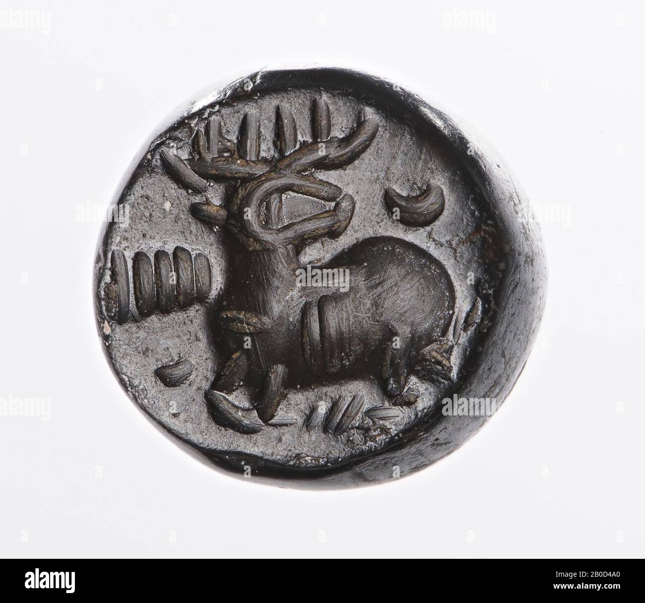 Nach rechts liegend, nach links gedrehter Kopf, Stempel, Hämatit, Farbe:, Form: Daktyloid, Verarbeitung:, Herstellungsmethode: 10,7 x 13,4 x 12,7 mm Stockfoto