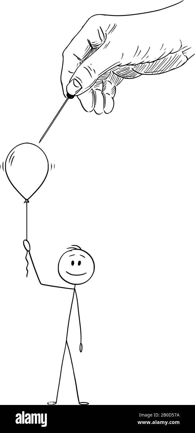 Vektor-Zeichentrickfigur, die konzeptionelle Illustration von glücklichem Mann oder Geschäftsmann zeichnet, der aufblasbaren Partyballon oder Helium-Luftball hält, während große Hand Gottes oder Glücks oder Schicksals es bricht. Stock Vektor