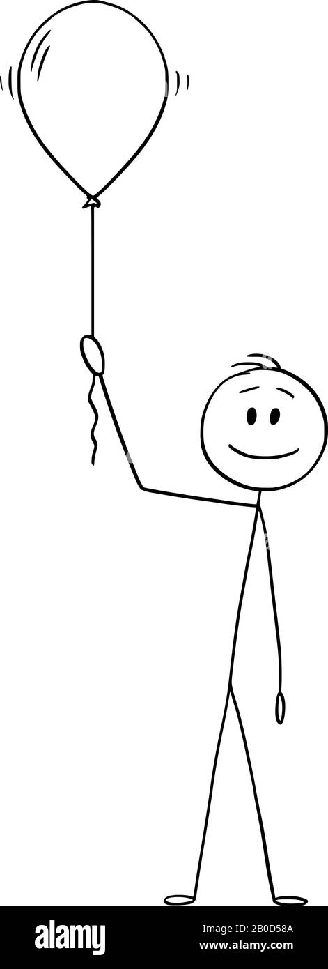Vector Cartoon Stick Figur Zeichnung konzeptionelle Illustration von glücklichem Mann oder Geschäftsmann mit aufblasbarem Partyballon oder Helium Luftball. Stock Vektor