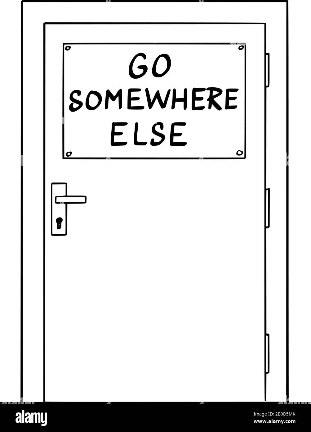 Vector Cartoon Zeichnung konzeptionelle Illustration einfacher Tür mit Go Somewhere Zeichen. Konzept der Einwanderung und der Fremdenfeindlichkeit. Stock Vektor