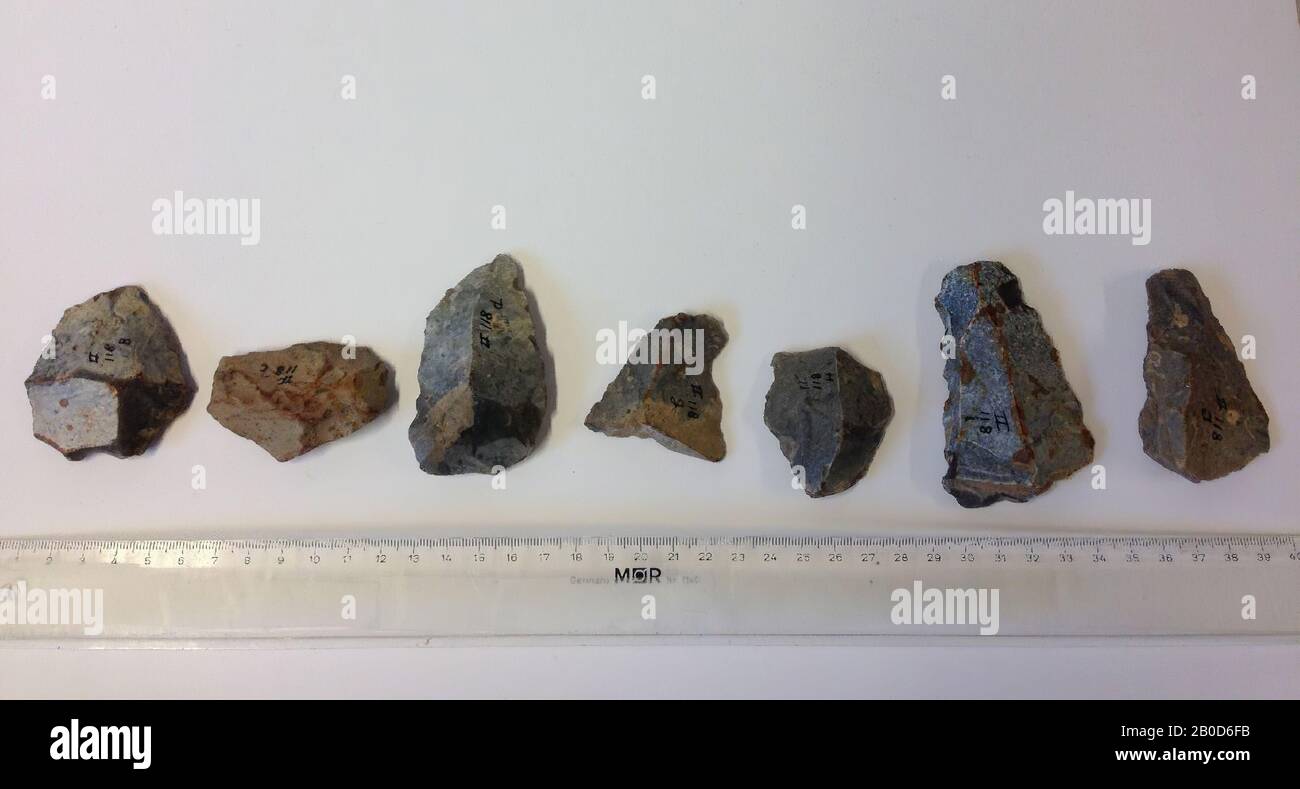 Ausfahrt Lanaye Flint (Rijckholt). Auf der dorsalen Seite enthält Ink II 118 g, Ausgang, Stein, Lanaye Feuerstein, 4,9 x 4,7 x 1,1 cm, 20 g, mittleres neolithikum c 4000-3000 V. CHR. 4000-3000 v. Chr., Niederlande, Limburger, Eijsden-Margraten, Rijckholt Stockfoto