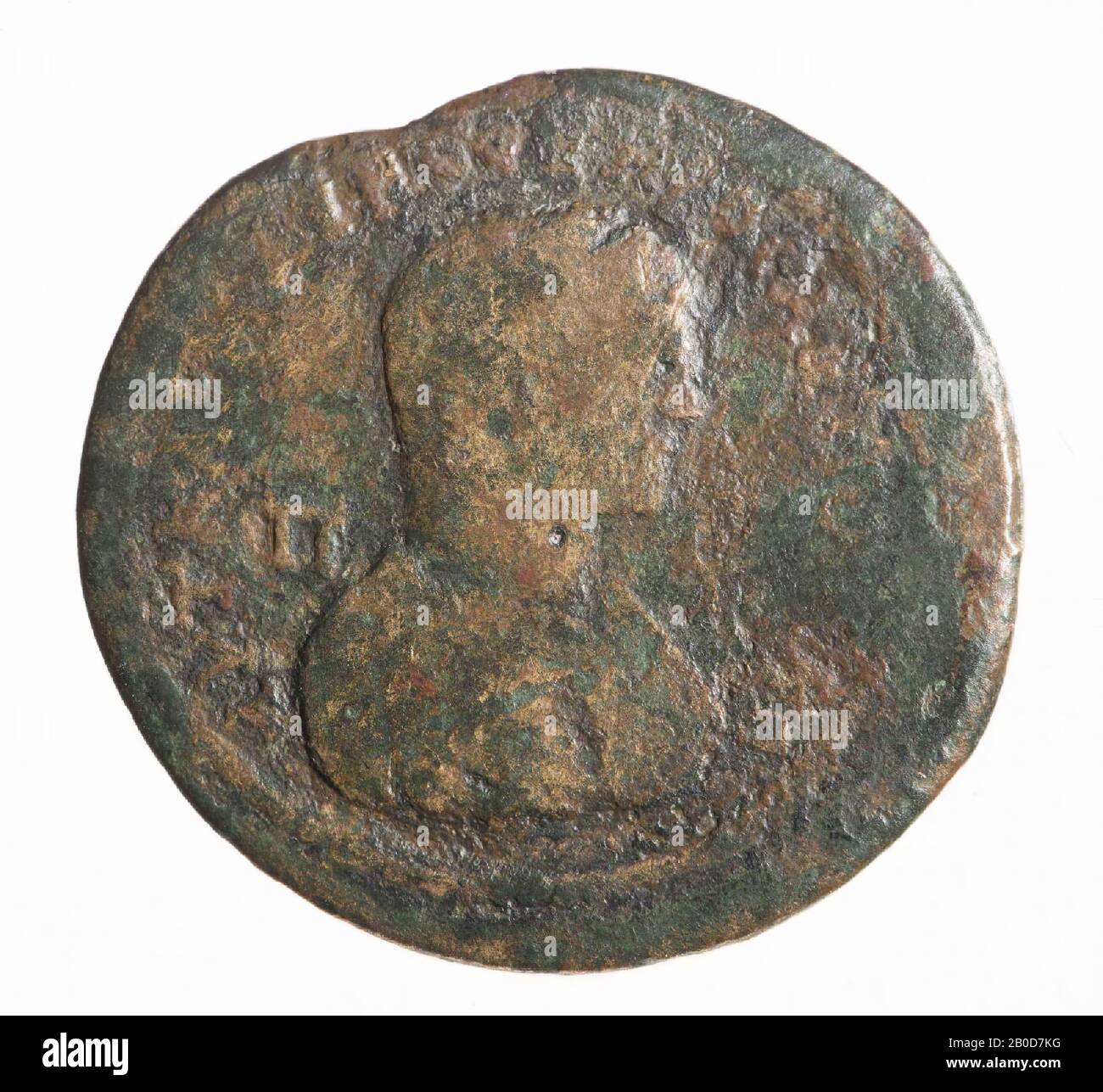 Obvers: Caracalla, rechts, gekleidet. Stark verschlissene, Reste der Aufschrift. Umgekehrt: NIKÉ, schwebend über einem Globus, bewaffnet sich, hält Tabula ansata. Überreste der griechischen Umschrift., Münze, aus Caracalla, Metall, Bronze, Diam: 3,5 cm, WT. 15,86 Gramm, 211-217 n. Chr., unbekannt Stockfoto