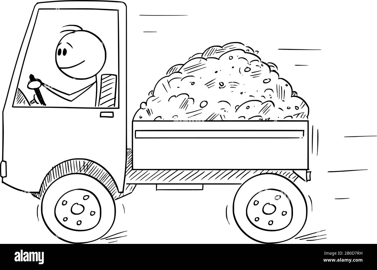 Vector Cartoon Stick Figure Zeichnung konzeptionelle Illustration von lächelnden Mann oder Fahrer mit einem kleinen LKW, der von Sand oder Erde beladen wird. Transport- oder Logistikkonzept. Stock Vektor
