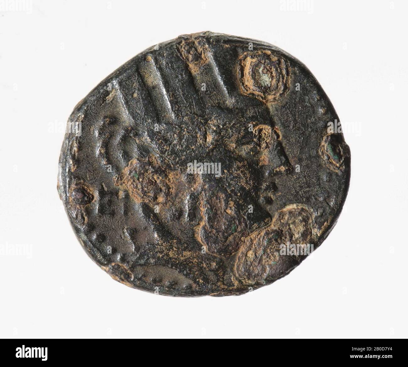 Obvers: Die Büste von Tyche rechts, verschleiert, trägt eine Krone der Städte. Reverse: Unklar, stark getragen, Münze, aus Antiochia, Metall, Bronze, Diam: 2,3 cm, WT. 8,93 Gramm, unbekannt Stockfoto