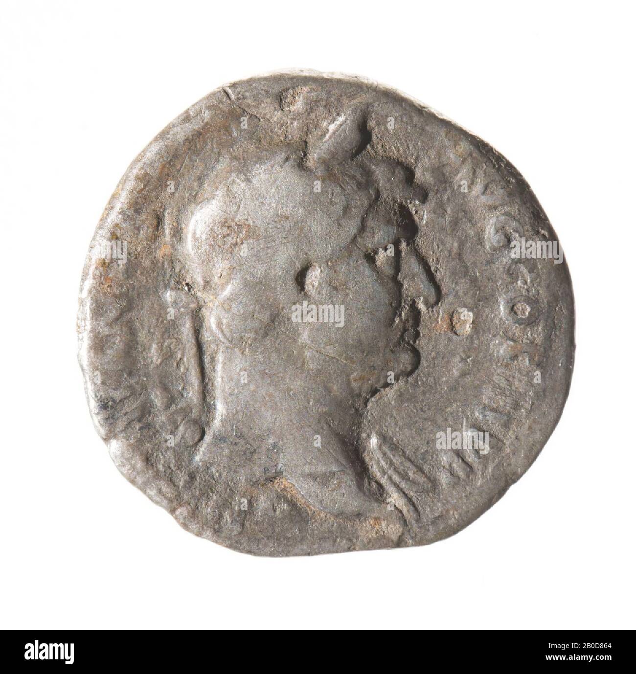 Obverse: Hadrian, rechts, geehrt. Aufschrift: HADRIANVS AVG COS III P P. Reverse: Moneta, stehend, links, gekleidet. Waage in der rechten Hand und Cornucopia in der linken Hand. Umschrift: Moneta AVG., Münze, Denarius von Hadrian, Metall, Silber, Diam: 1,8 cm, WT. 2,59 Gramm, 134-138 n.Chr., unbekannt Stockfoto