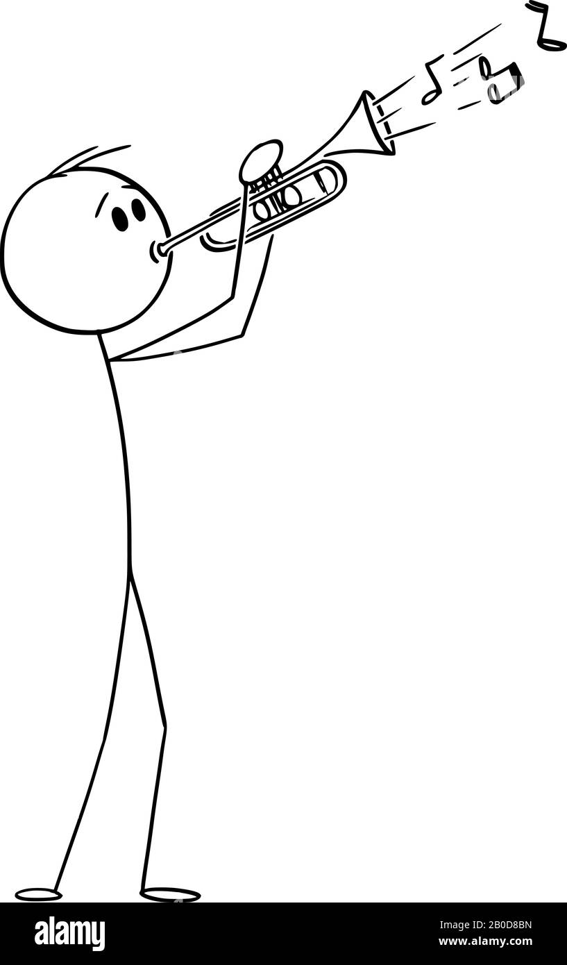 Vector Cartoon Stick Figure Zeichnung konzeptuelle Illustration des Menschen oder Musikers, der Musik auf Trompete spielt. Stock Vektor