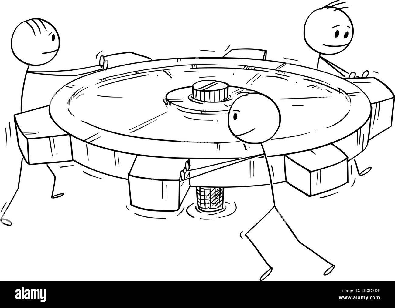 Vector Cartoon Stick Figure Zeichnung konzeptuelle Illustration von Gruppen oder Geschäftsteams von Männern oder Geschäftsleuten, die große Kog oder ein Getrieberad zusammen schieben. Teamwork-Konzept. Stock Vektor