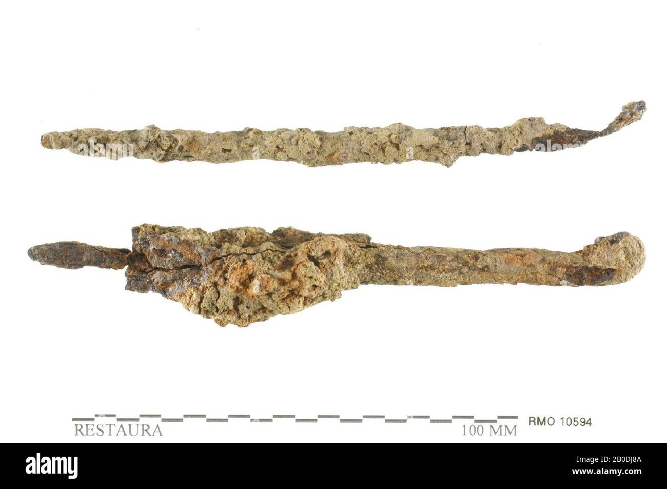 Das niederländische Mittelalter, Teil der Bar, mit Auge, Teil von Stab, Eisen, 13,4 x 2,1 cm, 13,3 x 0,8 cm, x, Niederlande, Utrechter, Wijk bij Duurstede, Wijk bij Duurstede, Dorestad Stockfoto